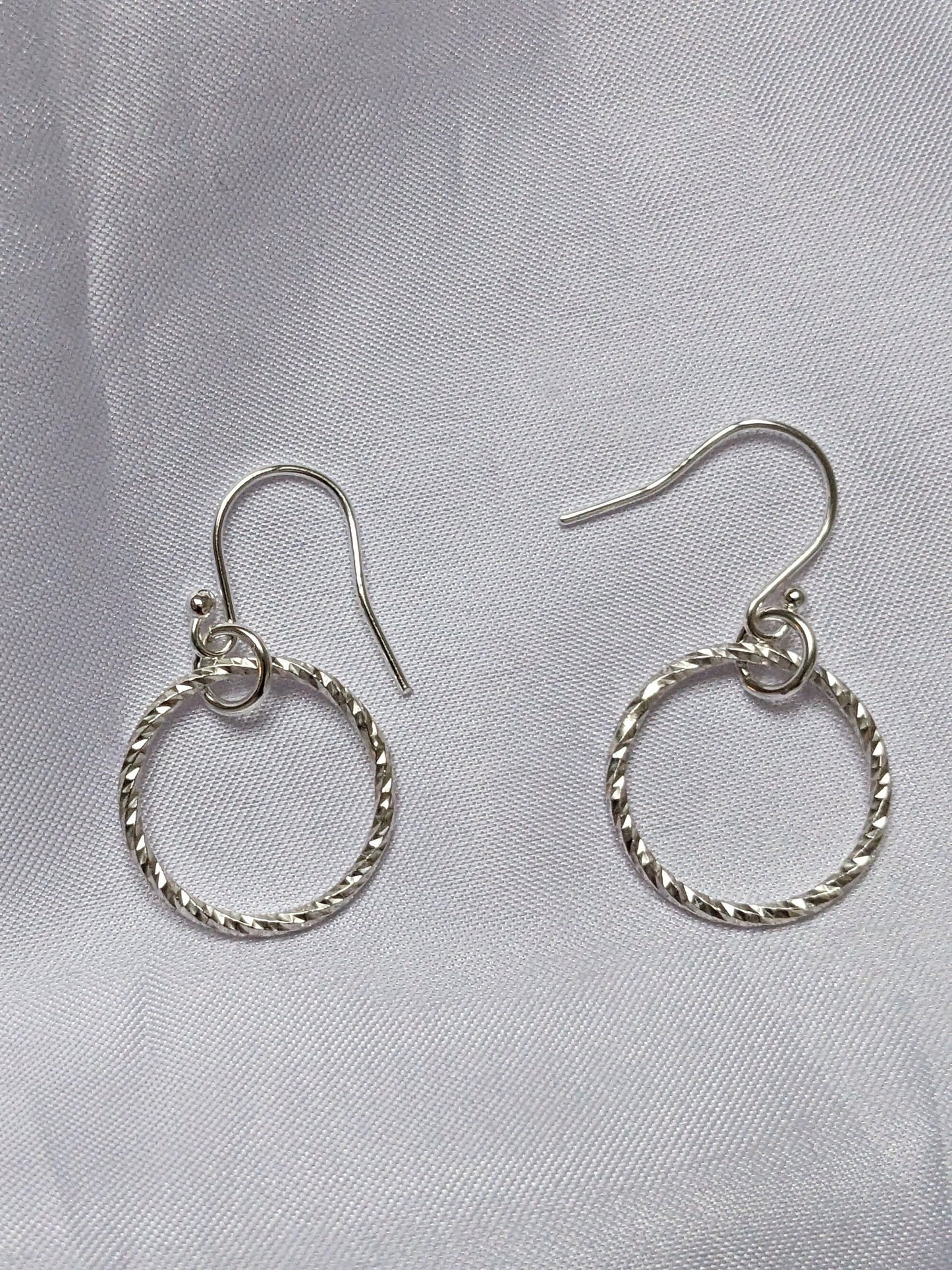 Sterling Silver Circle Sparkly Earrings | Diamond Cut Handmade Hoop Dangle Earrings