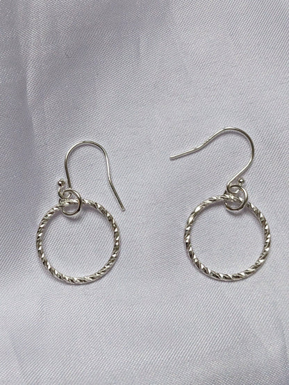 Sterling Silver Circle Sparkly Earrings | Diamond Cut Handmade Hoop Dangle Earrings