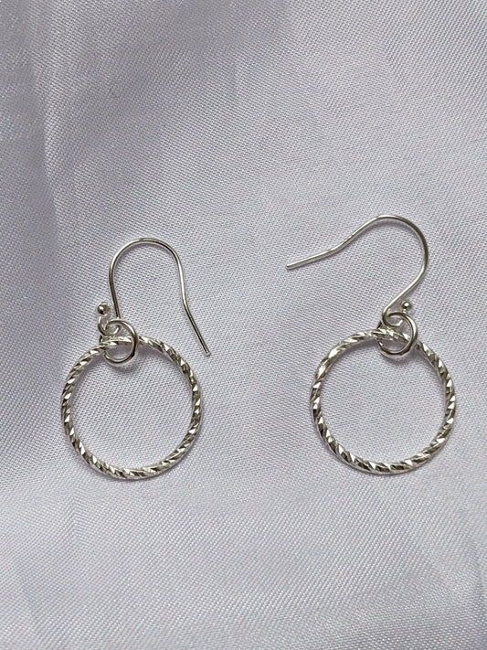 Sterling Silver Circle Sparkly Earrings | Diamond Cut Handmade Hoop Dangle Earrings