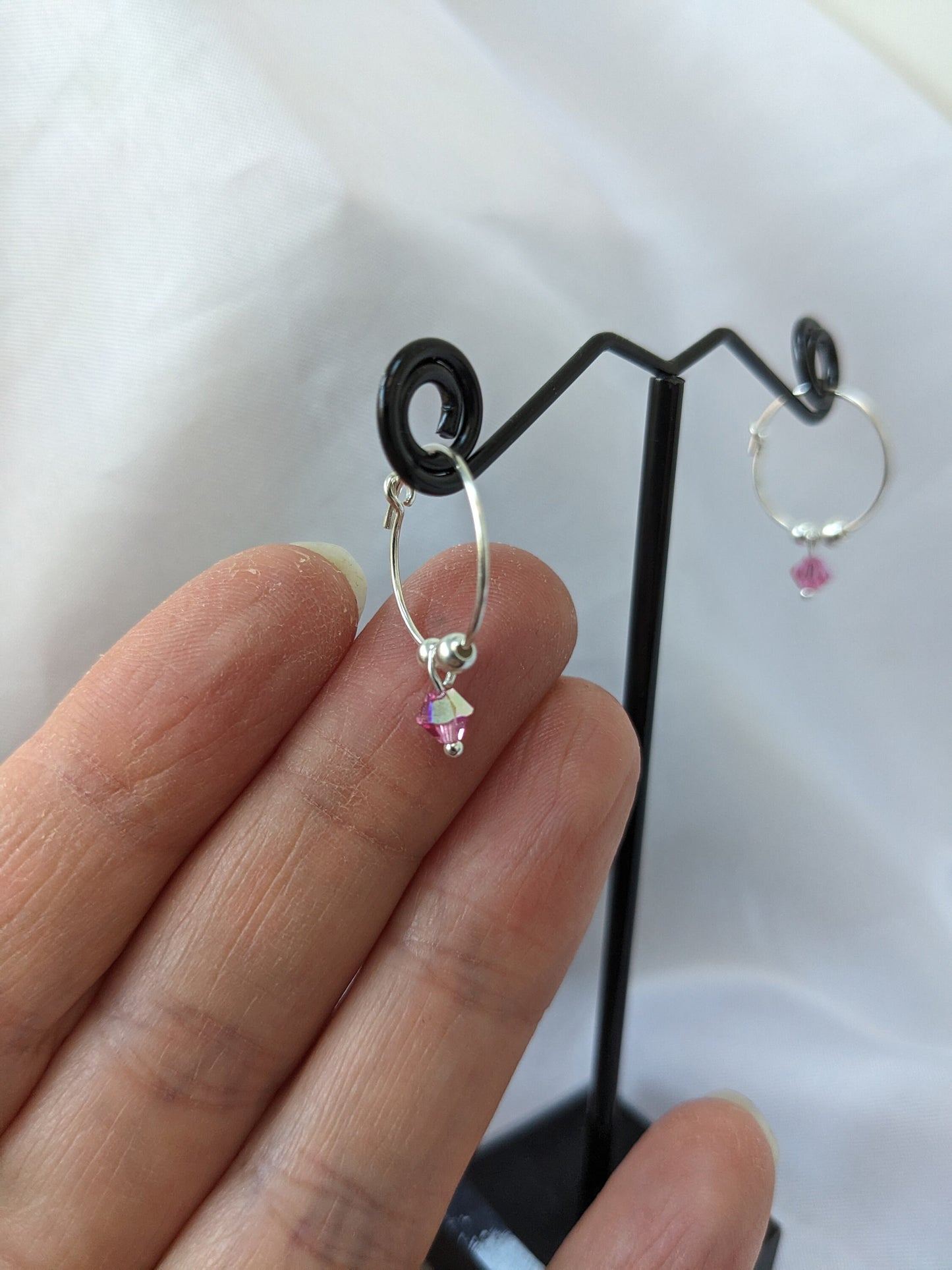 Sterling Silver Hoop Earrings with Dainty Crystal Charm