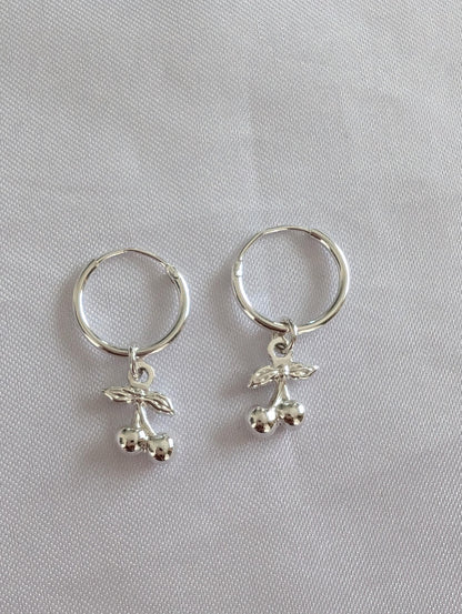 Cute sterling silver cherry on small hoops, cherry lover jewellery gift
