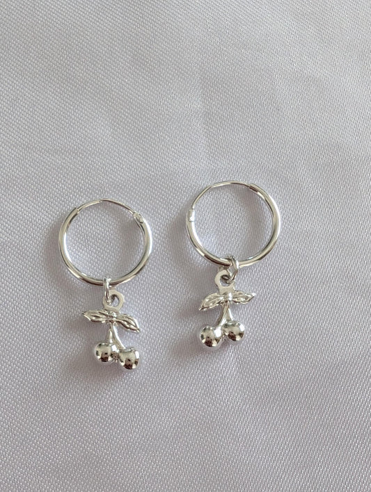 Cute sterling silver cherry on small hoops, cherry lover jewellery gift