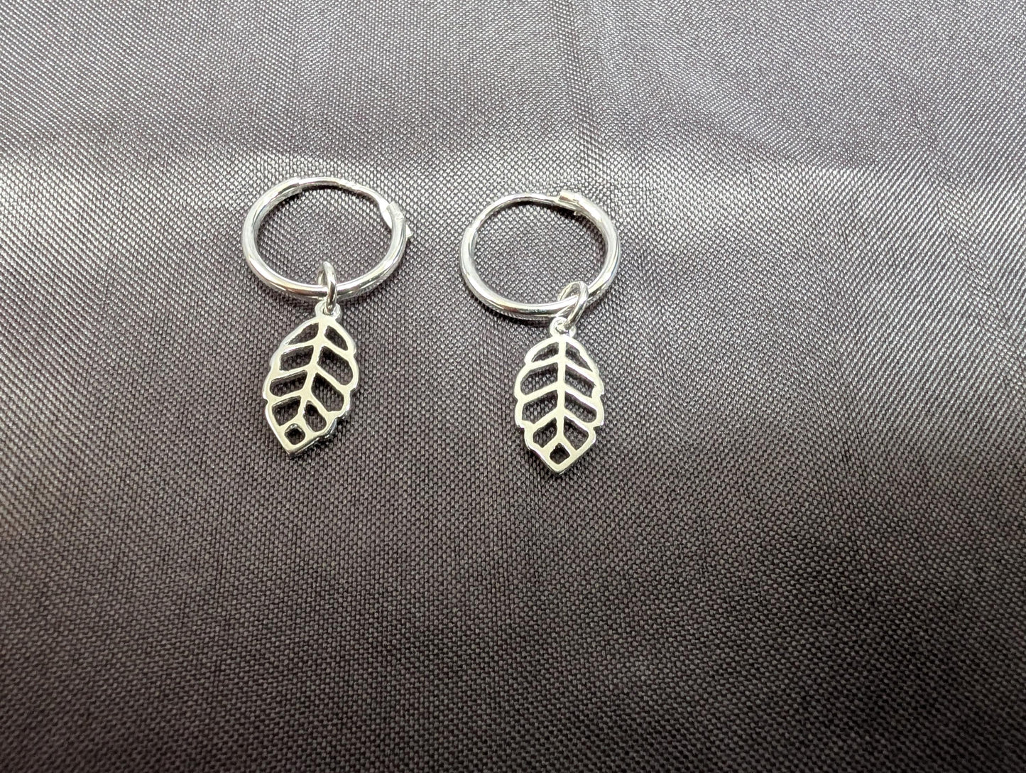 Sterling silver leaf huggie hoops | Small hoop earrings with leaf charm