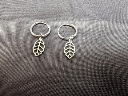 Sterling silver leaf huggie hoops | Small hoop earrings with leaf charm
