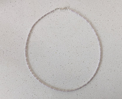 Light silvery amethyst tone tiny glass seed bead necklace | sterling silver findings