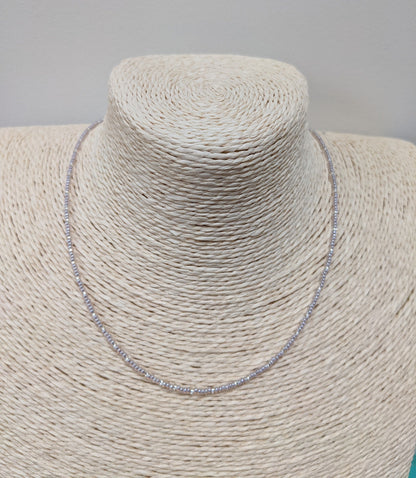 Light silvery amethyst tone tiny glass seed bead necklace | sterling silver findings