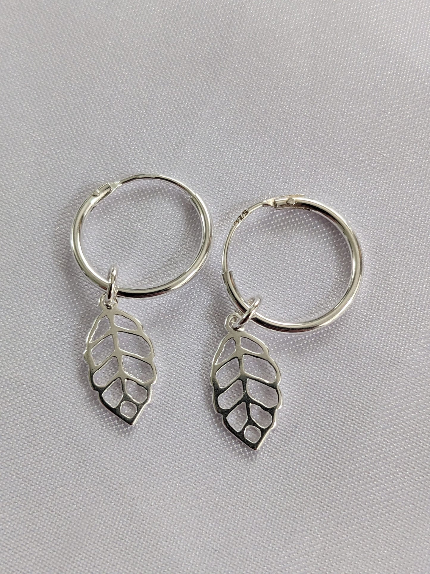Sterling silver leaf huggie hoops | Small hoop earrings with leaf charm
