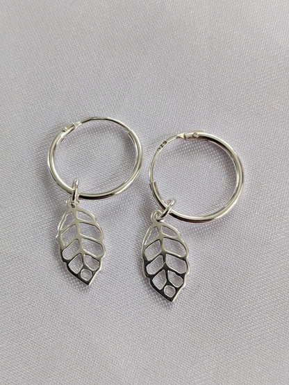 Sterling silver leaf huggie hoops | Small hoop earrings with leaf charm
