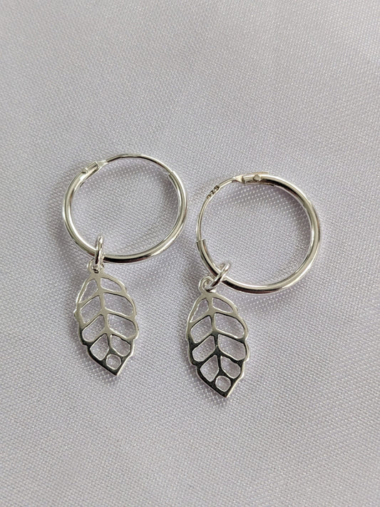 Sterling silver leaf huggie hoops | Small hoop earrings with leaf charm