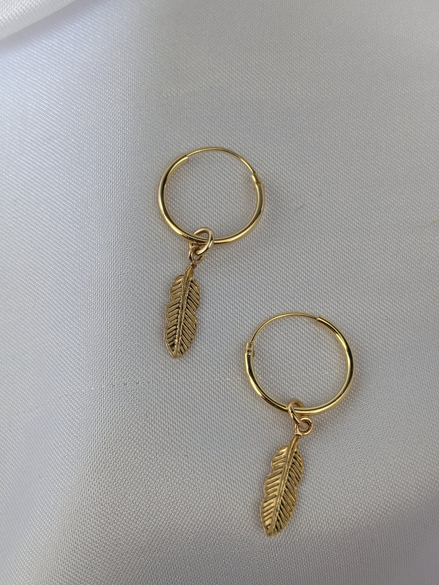 Small Silver and Gold Feather Hoop Earrings | 14mm Hoop Earrings with Feather Charms