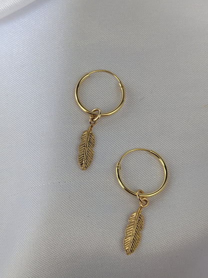 Small Silver and Gold Feather Hoop Earrings | 14mm Hoop Earrings with Feather Charms