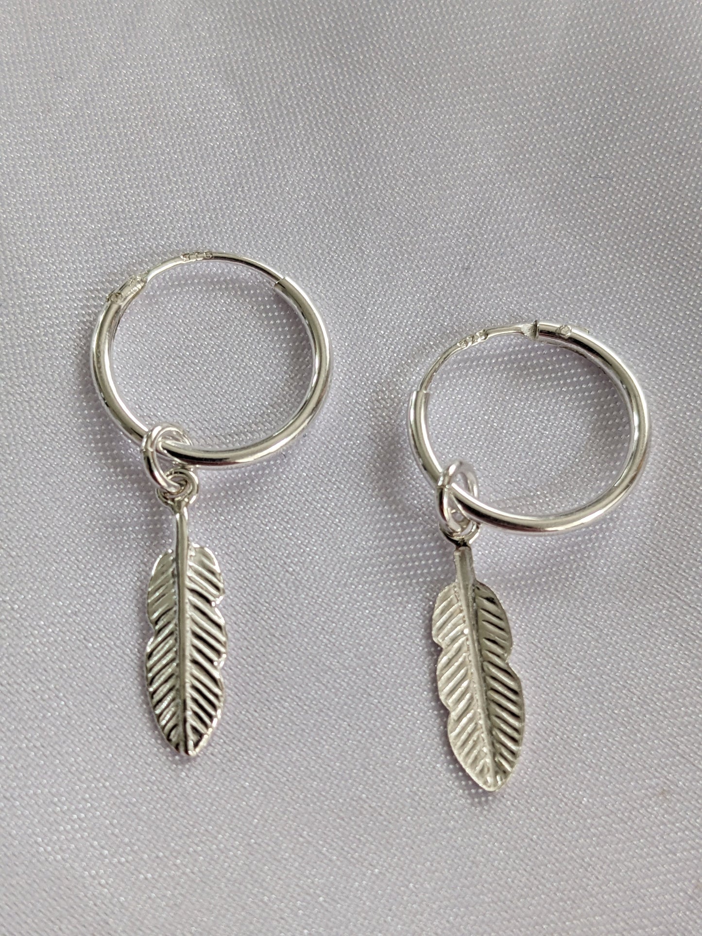 Small Silver and Gold Feather Hoop Earrings | 14mm Hoop Earrings with Feather Charms
