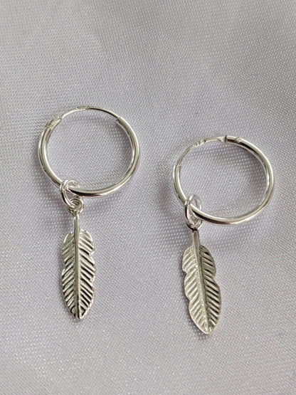 Small Silver and Gold Feather Hoop Earrings | 14mm Hoop Earrings with Feather Charms