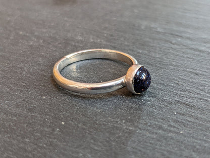 Blue goldstone Sterling Silver Ring, 2mm ring, glittery blue goldstone stacking ring