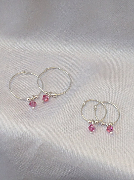 Sterling Silver Hoop Earrings with Dainty Crystal Charm