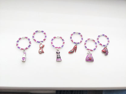 6 Girls Night Out themed pink purple beaded wine glass charms