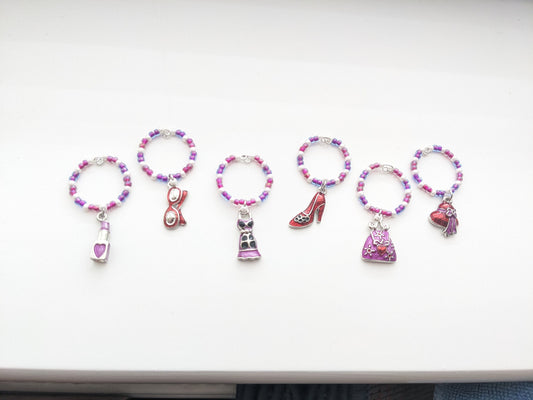 6 Girls Night Out themed pink purple beaded wine glass charms