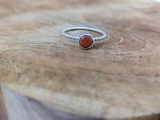 Handmade Sterling Silver Beaded Wire Ring, Goldstone Ring, Silver Jewellery, unique Stacking ring, Pretty sparkly ring, 925 Silver Ring