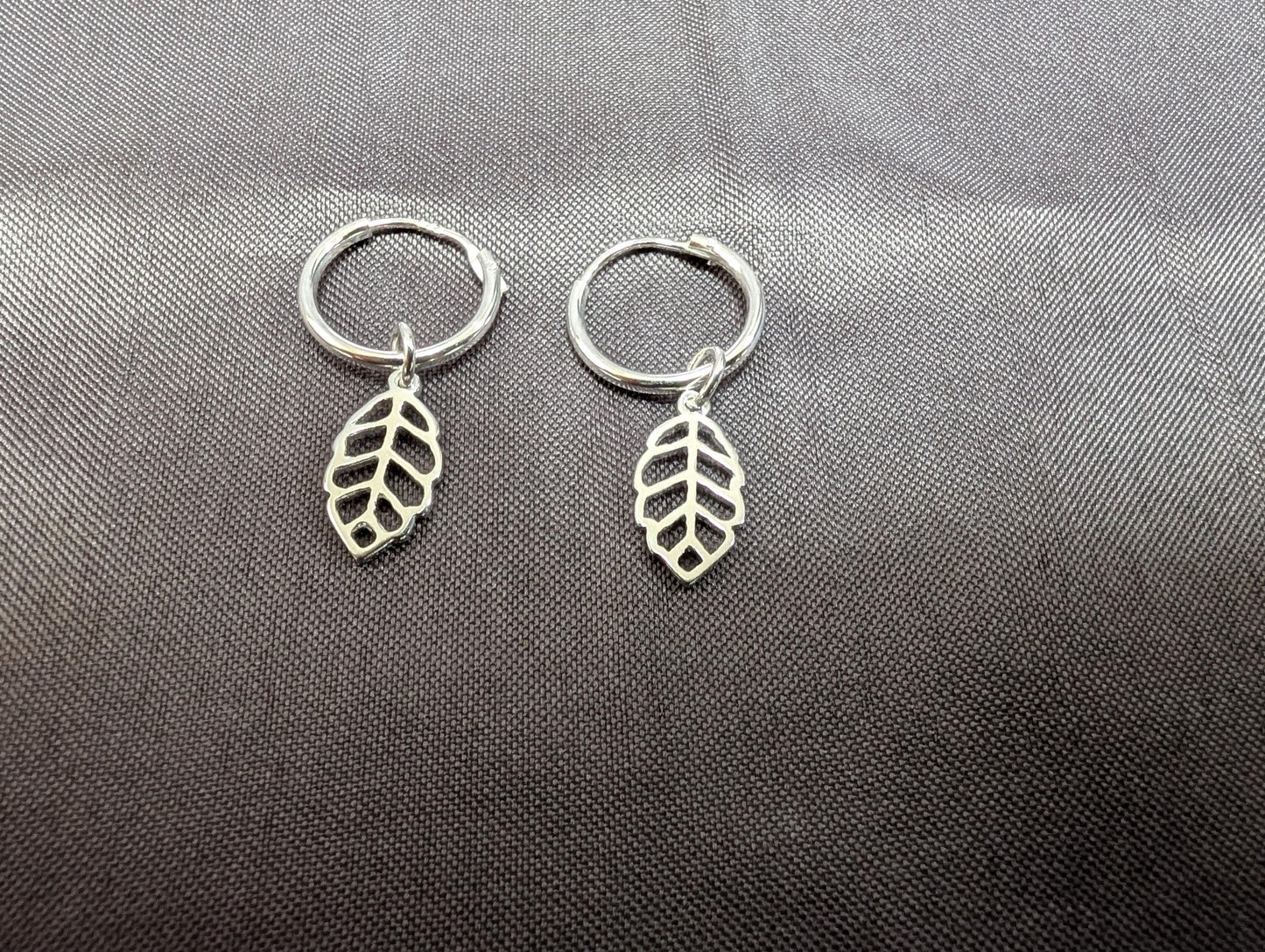Sterling silver leaf small hoop earrings and necklace set, leaf charm earrings and pendant, sterling silver, delicate pretty earrings, 12mm Huggie hoops