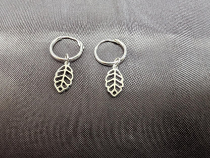 Sterling silver leaf small hoop earrings and necklace set, leaf charm earrings and pendant, sterling silver, delicate pretty earrings, 12mm Huggie hoops
