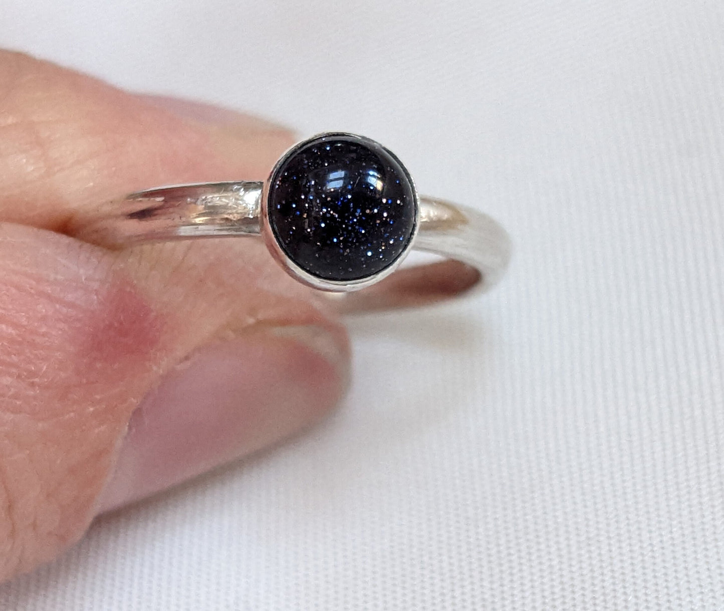 Blue goldstone Sterling Silver Ring, 2mm ring, glittery blue goldstone stacking ring