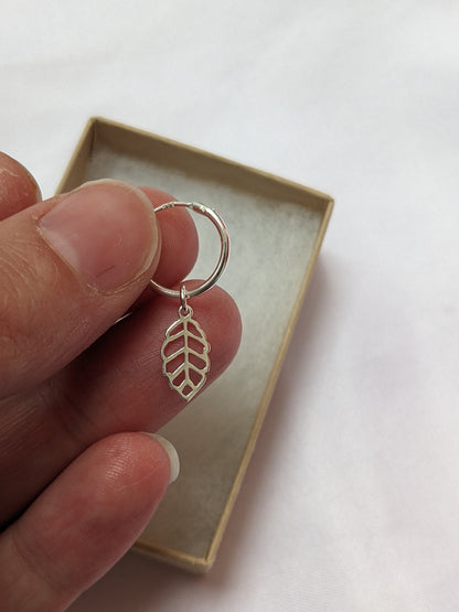 Sterling silver leaf small hoop earrings and necklace set, leaf charm earrings and pendant, sterling silver, delicate pretty earrings, 12mm Huggie hoops
