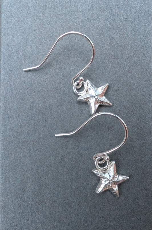 Sterling Silver Dainty Starfish Earrings | Cute recycled silver starfish dangle earrings 