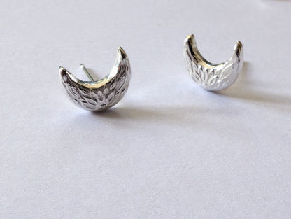 Sterling silver patterned crescent moon stud earrings