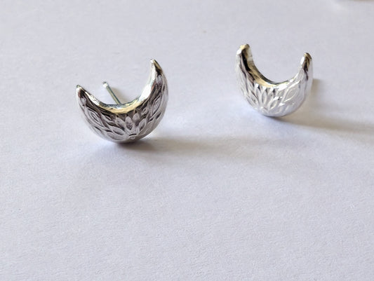 Sterling silver patterned crescent moon stud earrings