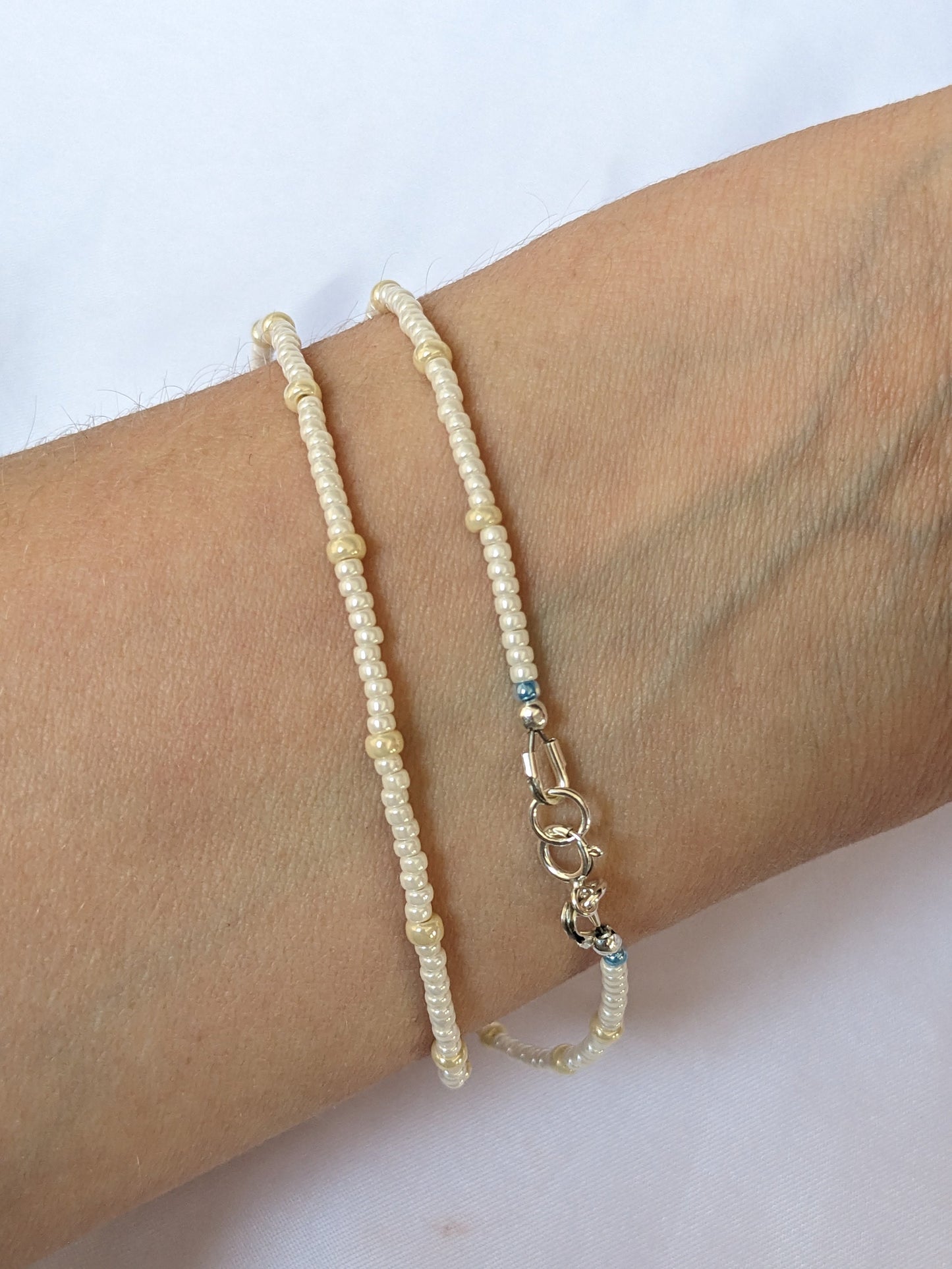 Seed Bead Pearl Necklace With Blue Accent Beads - Dainty Bridal Necklace