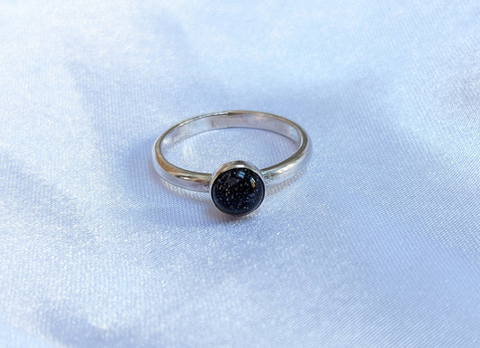 Blue goldstone Sterling Silver Ring, 2mm ring, glittery blue goldstone stacking ring