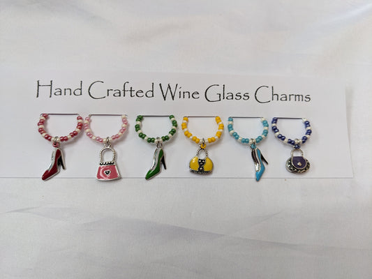 6 Handmade Shoes and Bag Themed Colourful Wine Glass Marker Charms