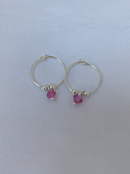 Sterling Silver Hoop Earrings with Dainty Crystal Charm