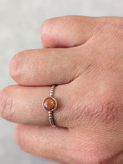 Handmade Sterling Silver Beaded Wire Ring, Goldstone Ring, Silver Jewellery, unique Stacking ring, Pretty sparkly ring, 925 Silver Ring