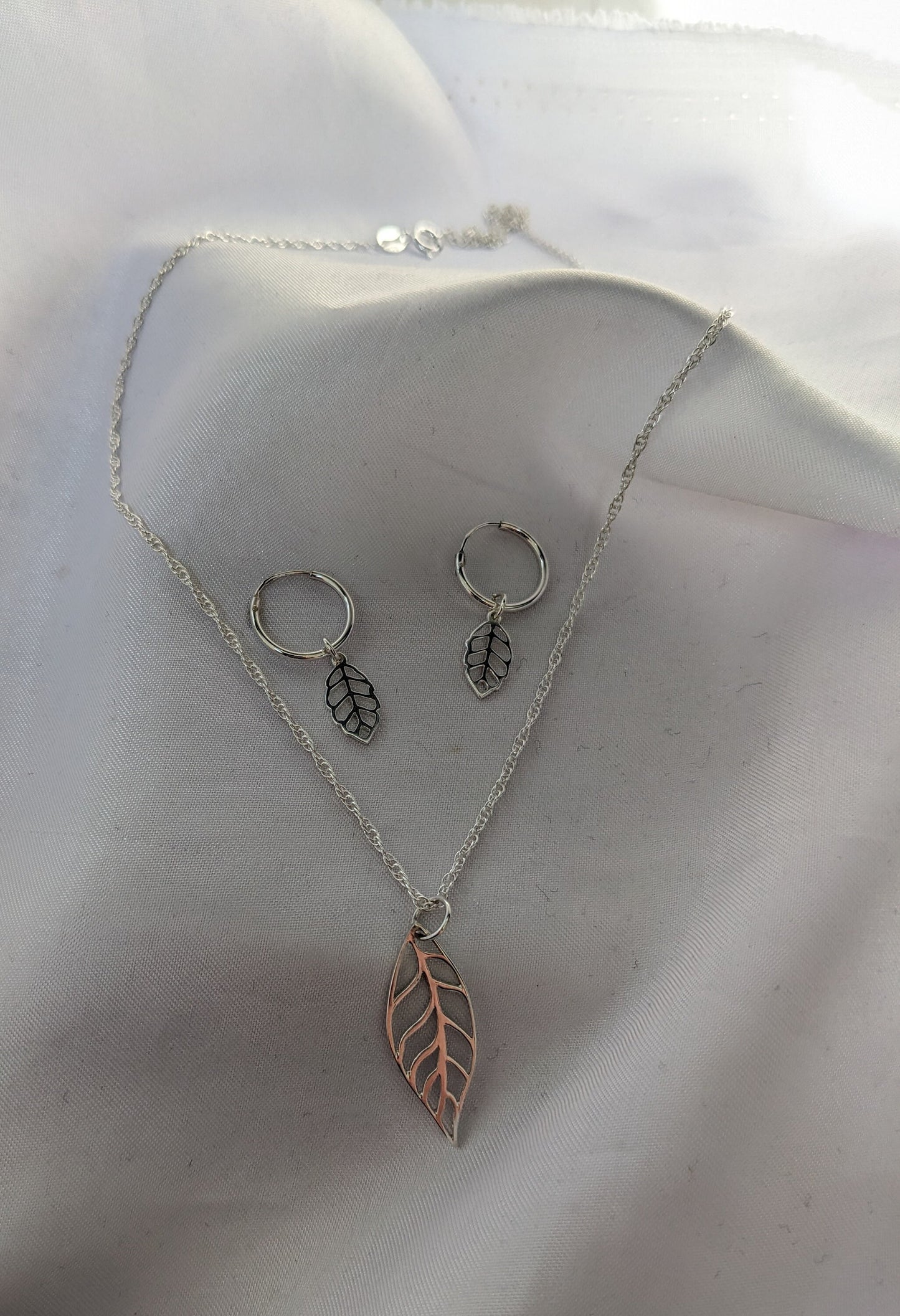 Sterling silver leaf small hoop earrings and necklace set, leaf charm earrings and pendant, sterling silver, delicate pretty earrings, 12mm Huggie hoops