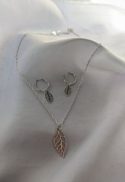 Sterling silver leaf small hoop earrings and necklace set, leaf charm earrings and pendant, sterling silver, delicate pretty earrings, 12mm Huggie hoops