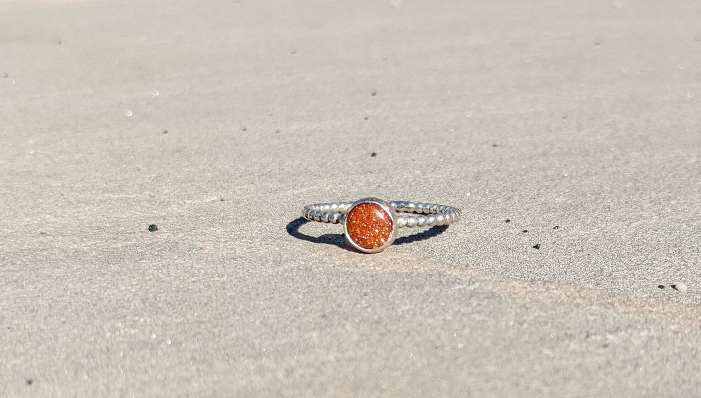 Handmade Sterling Silver Beaded Wire Ring, Goldstone Ring, Silver Jewellery, unique Stacking ring, Pretty sparkly ring, 925 Silver Ring