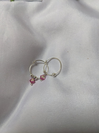Sterling Silver Hoop Earrings with Dainty Crystal Charm