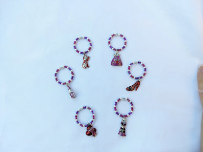 6 Girls Night Out themed pink purple beaded wine glass charms