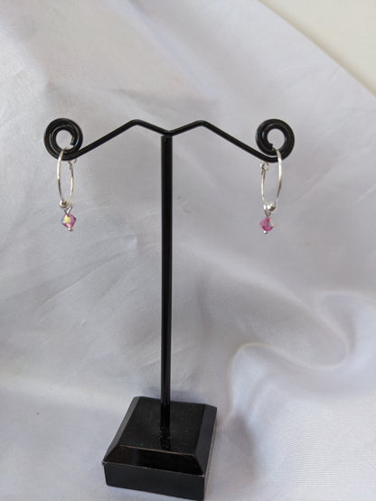 Sterling Silver Hoop Earrings with Dainty Crystal Charm