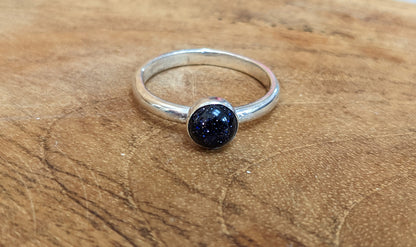 Blue goldstone Sterling Silver Ring, 2mm ring, glittery blue goldstone stacking ring
