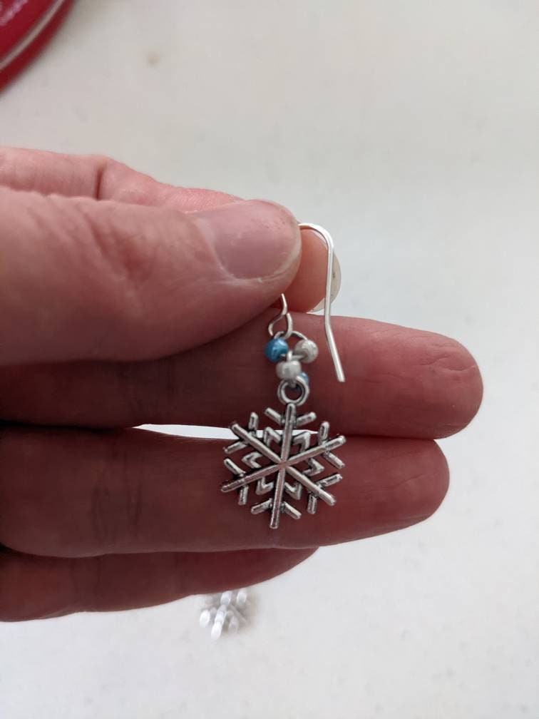 Snowflake earrings, Christmas earrings, festive fun jewellery, winter earrings, snowflake jewellery, blue, white and silver, silver plated