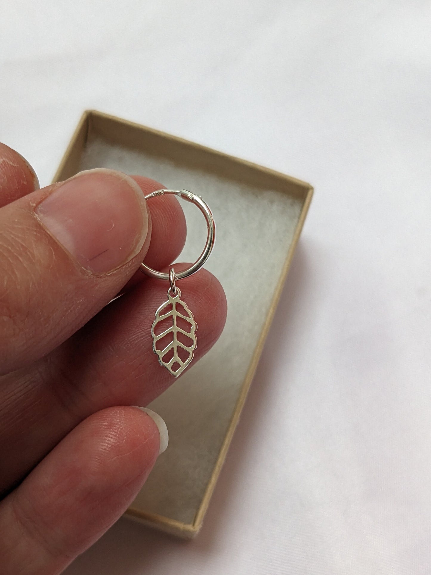 Sterling silver leaf huggie hoops | Small hoop earrings with leaf charm