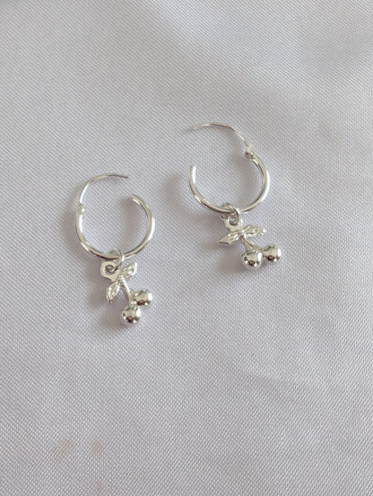 Cute sterling silver cherry on small hoops, cherry lover jewellery gift