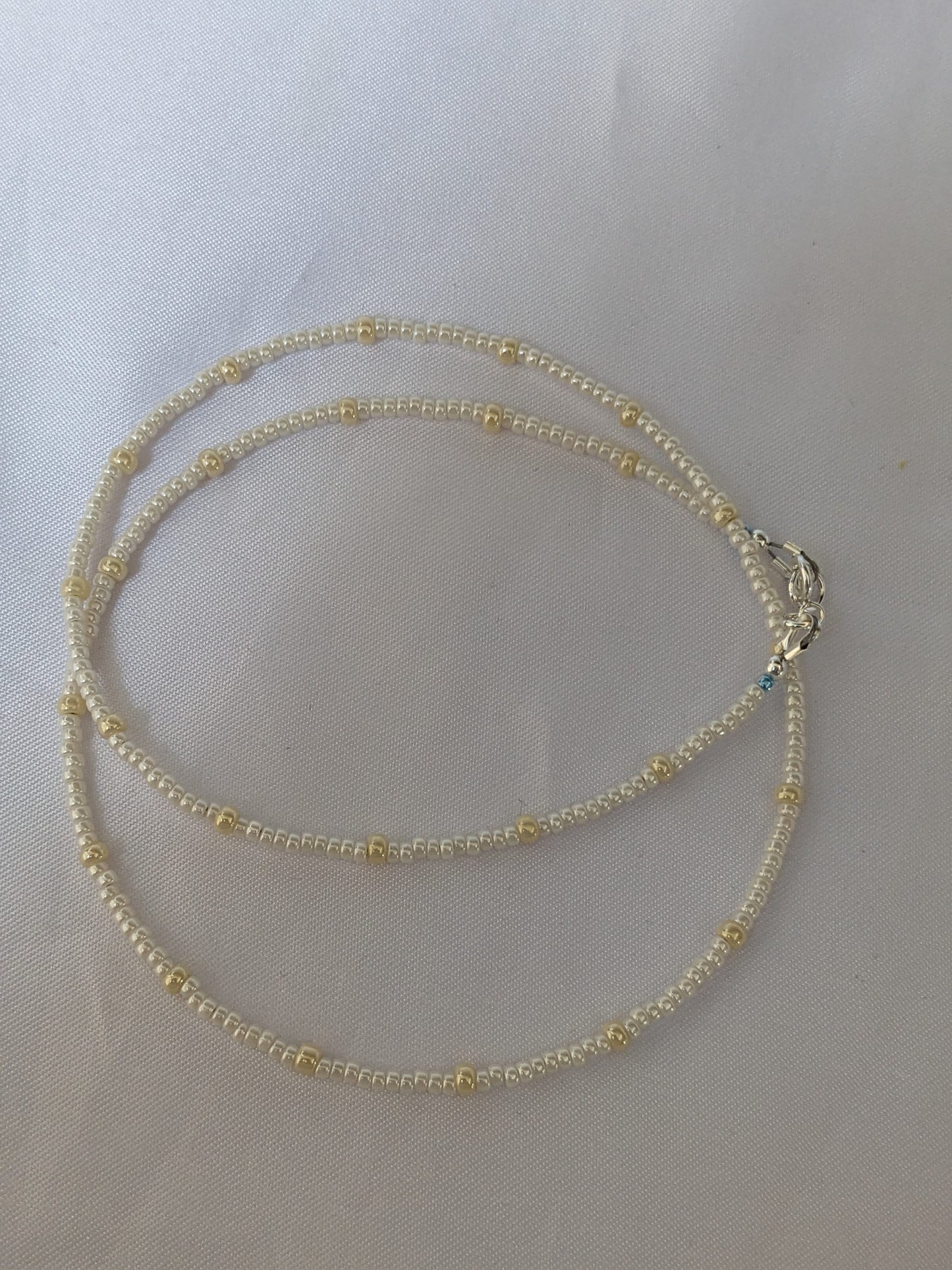 Seed Bead Pearl Necklace With Blue Accent Beads - Dainty Bridal Necklace