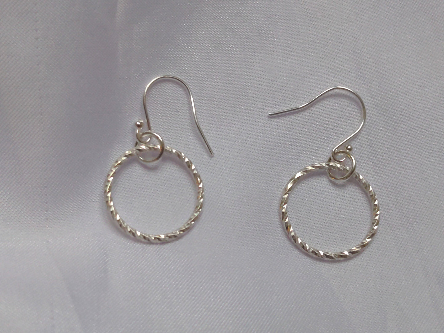 Sterling Silver Circle Sparkly Earrings | Diamond Cut Handmade Hoop Dangle Earrings