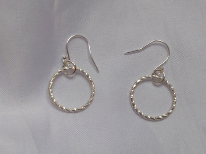 Sterling Silver Circle Sparkly Earrings | Diamond Cut Handmade Hoop Dangle Earrings