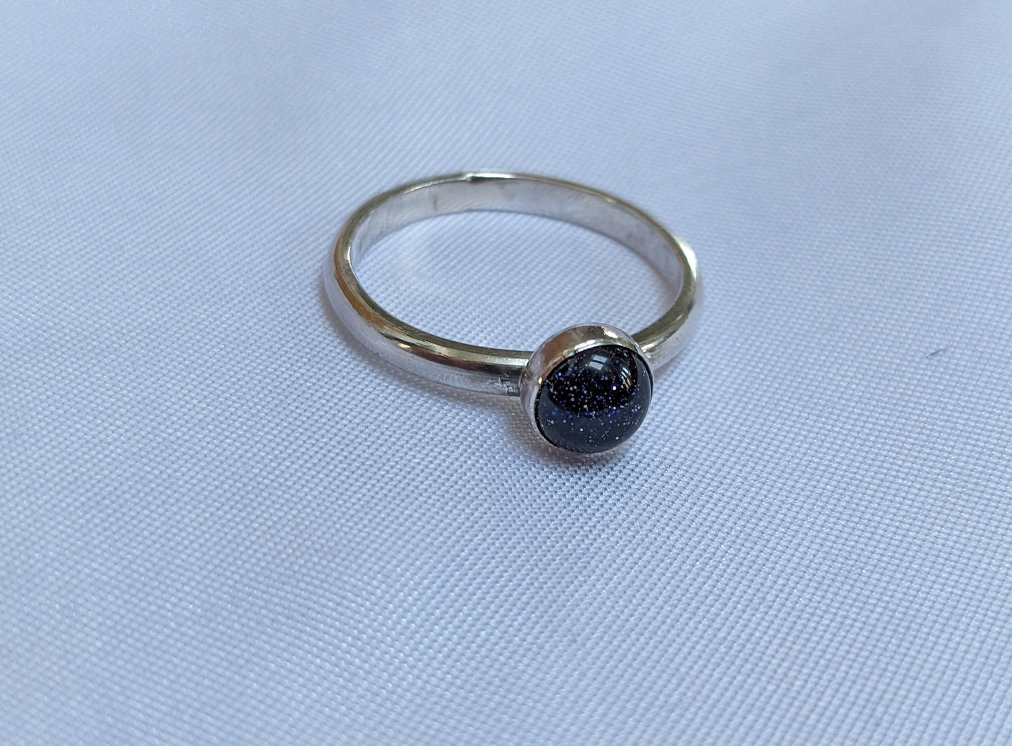 Blue goldstone Sterling Silver Ring, 2mm ring, glittery blue goldstone stacking ring