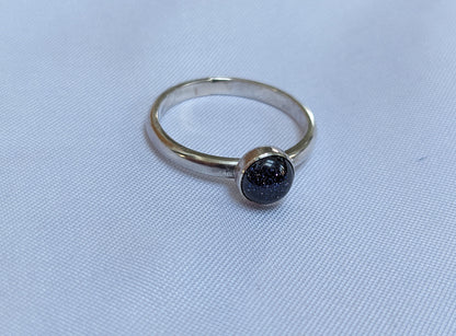 Blue goldstone Sterling Silver Ring, 2mm ring, glittery blue goldstone stacking ring