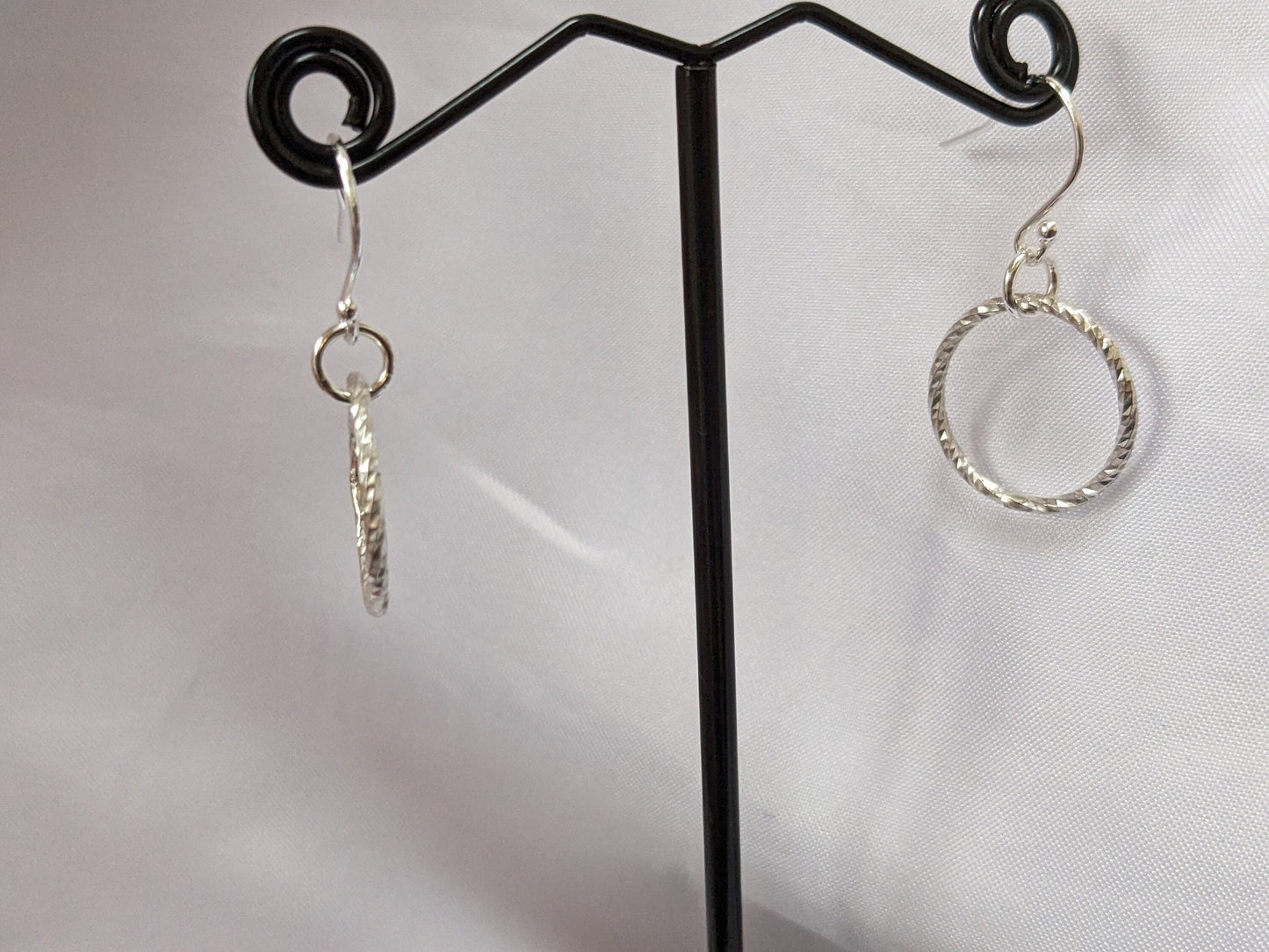 Sterling Silver Circle Sparkly Earrings | Diamond Cut Handmade Hoop Dangle Earrings